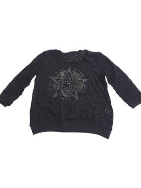 France Mode Black Mesh Studded Star Graphic Top Women Size S 3/4 Sleeve FLAW